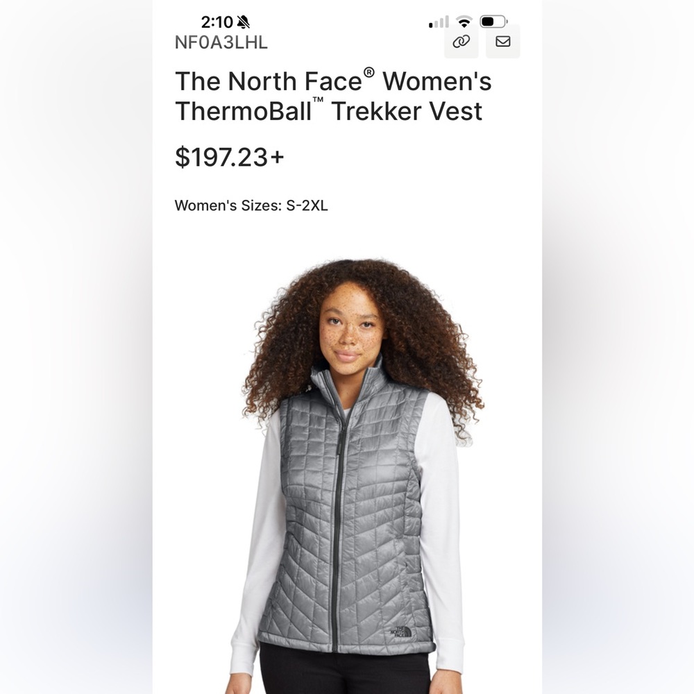 North Face Women's Gray ThermoBall Trekker Vest with business logo on chest